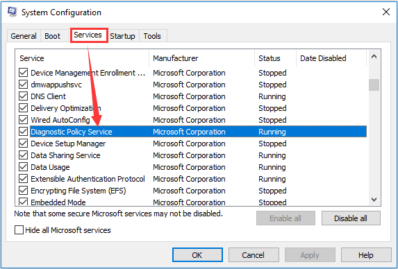 service host diagnostic policy